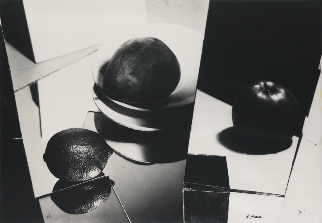 Florence Henri :: Still Life with Mirrors and Fruit, 1929; printed 1974. Photoemulsion on linen mounted to a stretcher. | src Swann Galleries