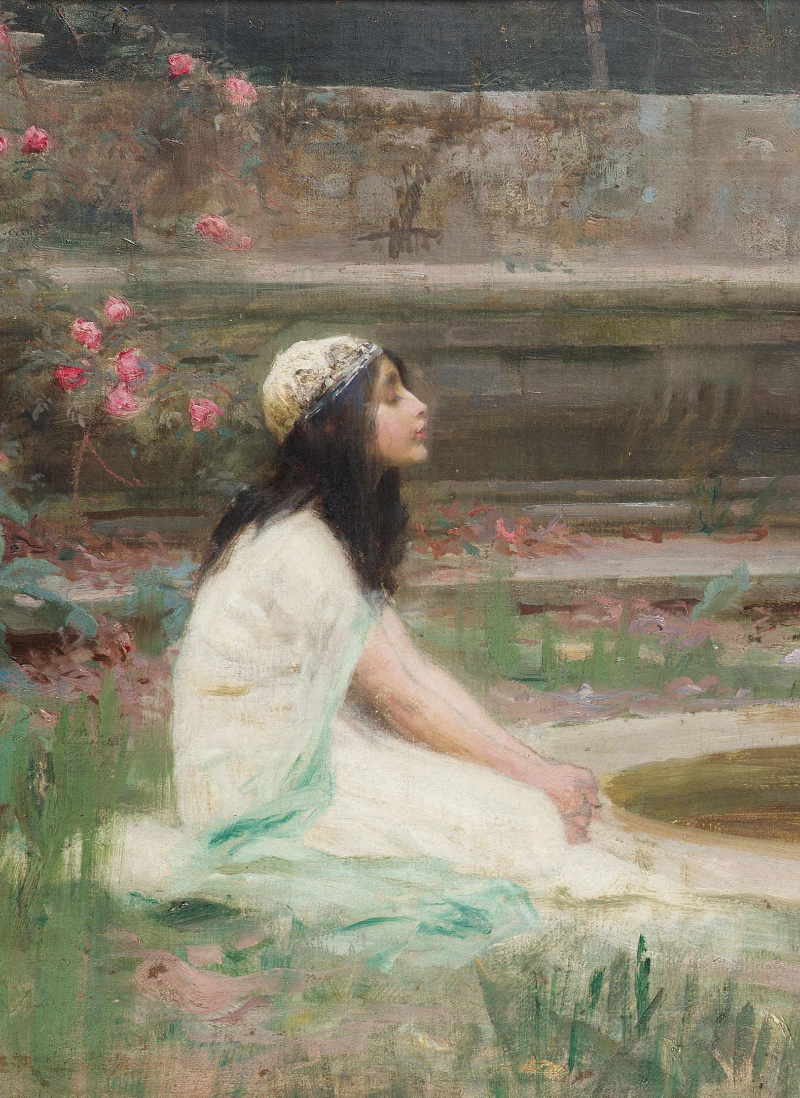 Herbert James Draper :: A Young Girl by a Pool, oil on canvas, signed 'H.J.DRAPER' (lower left), probably 1892-93. | src Bonhams | DETAIL